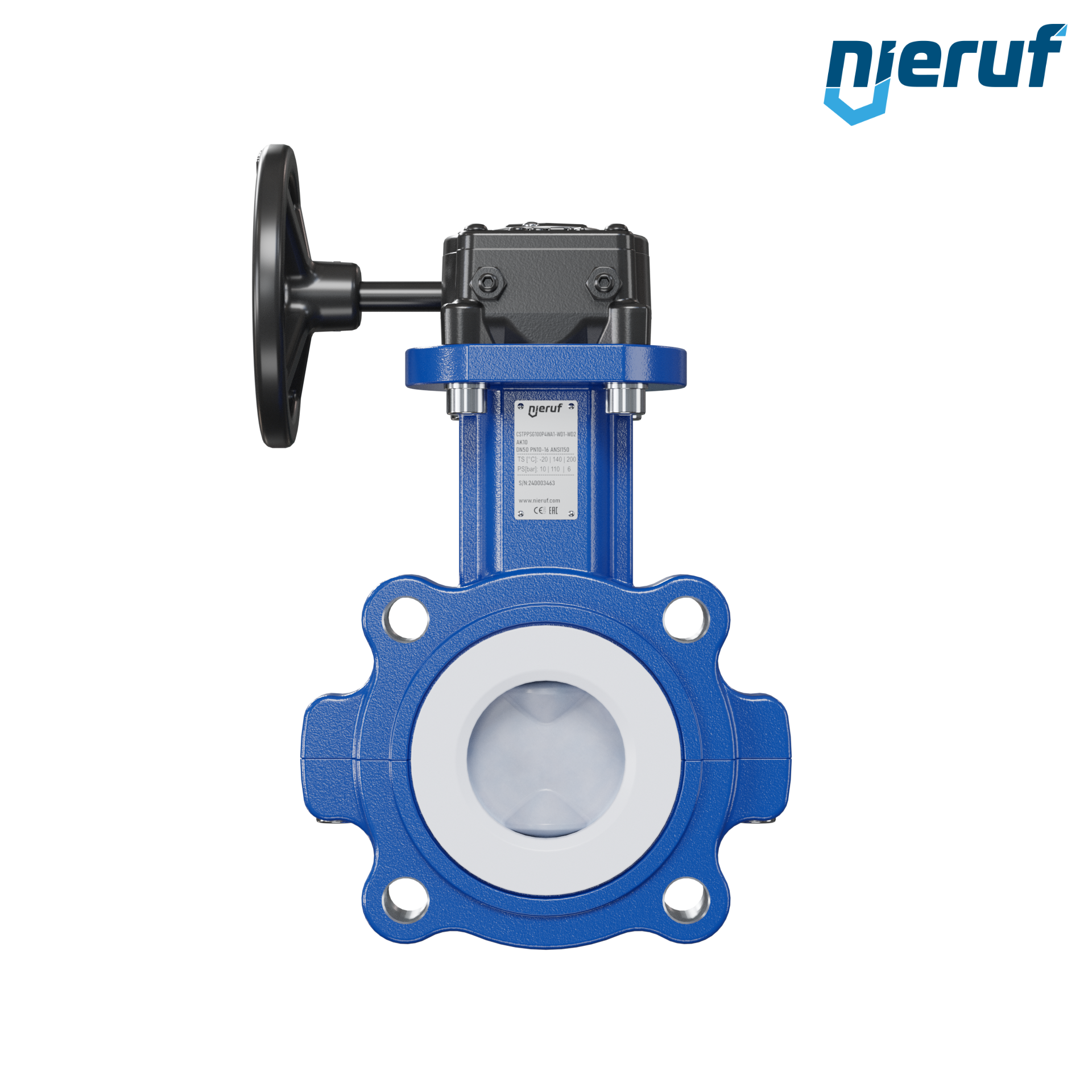 valvola a farfalla PFA PTFE AK10 DN50 PN10-PN16 volantino manuale inserto in FKM