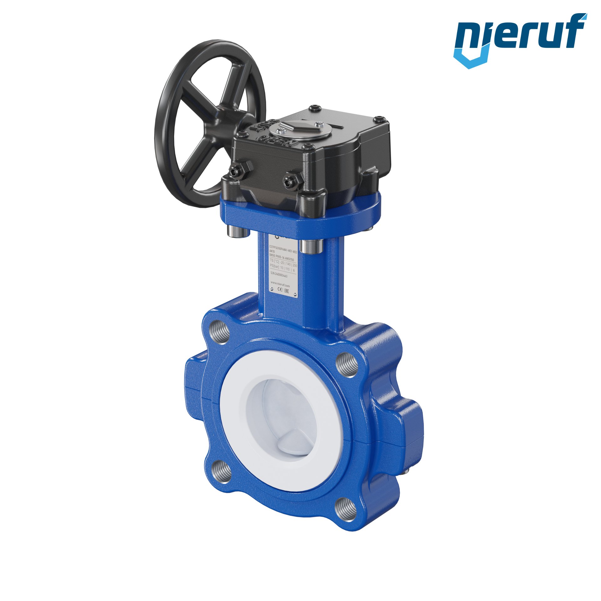 valvola a farfalla PFA PTFE AK10 DN50 PN10-PN16 volantino manuale inserto in FKM