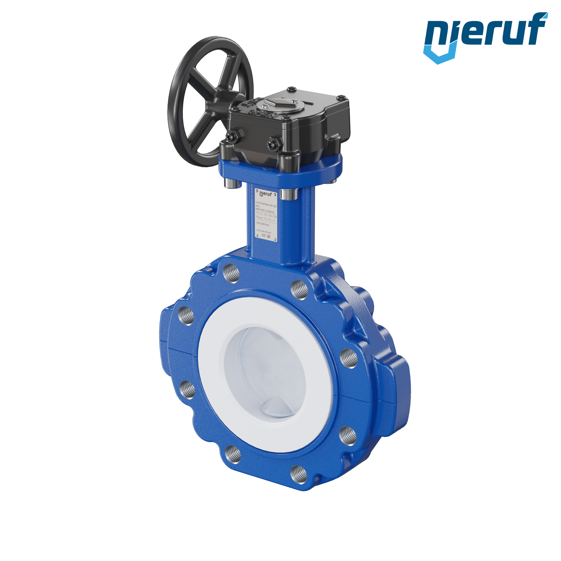 valvola a farfalla PFA PTFE AK10 DN80 PN10-PN16 volantino manuale inserto in FKM